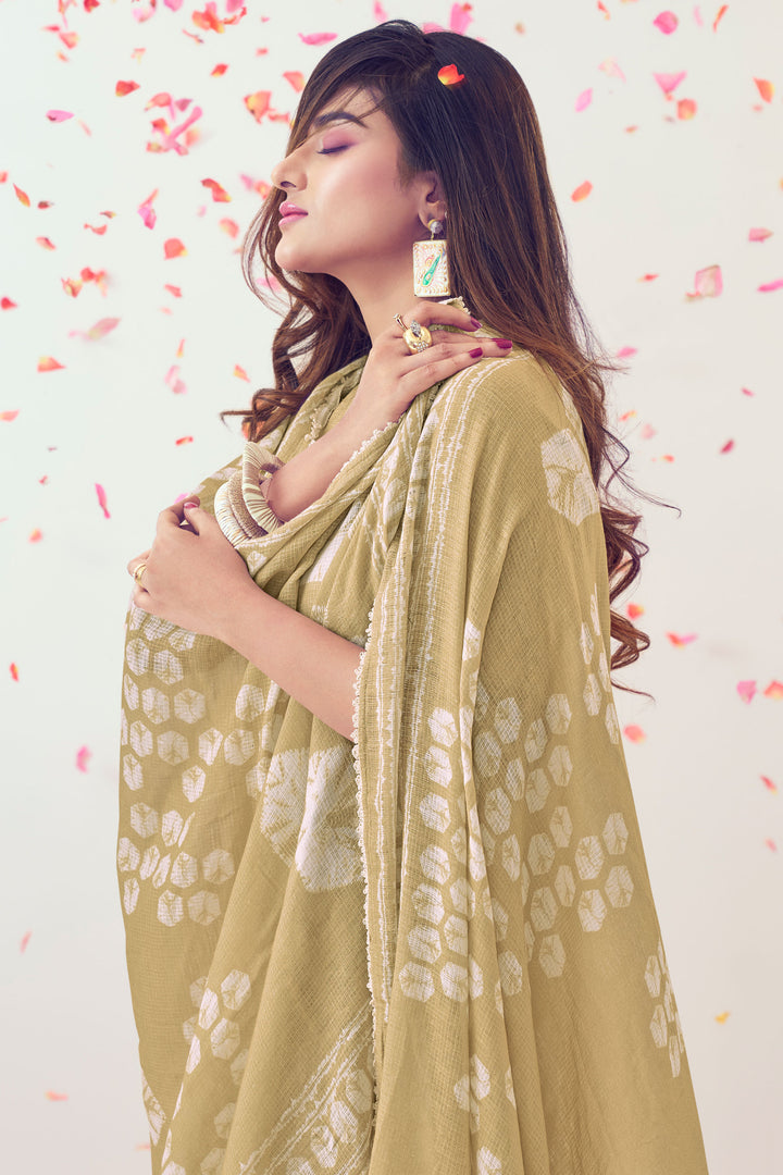 Chikoo Color Pure Linen Digital Print With Handwork Casual Suit