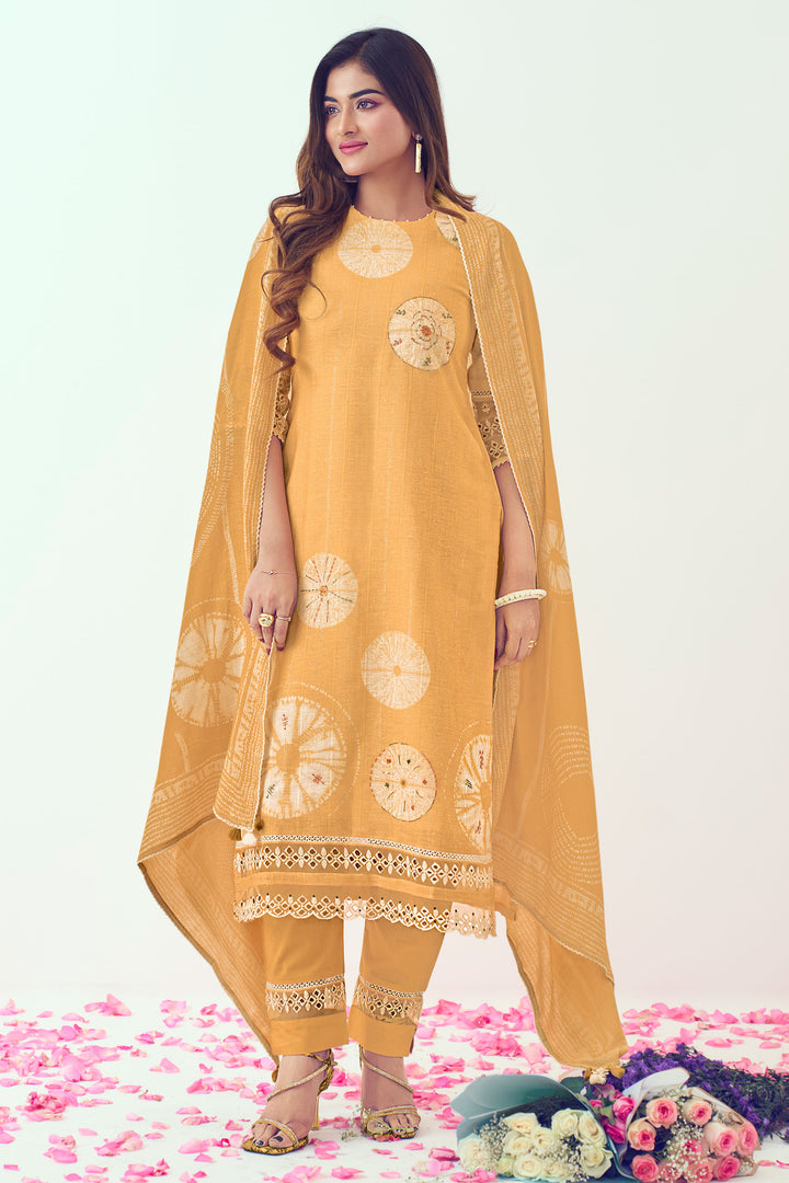 Pure Linen Digital Print With Handwork Casual Salwar Kameez In Orange Color