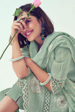 Load image into Gallery viewer, Pure Linen Digital Print With Handwork Casual Salwar Suit In Sea Green Color
