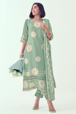 Load image into Gallery viewer, Pure Linen Digital Print With Handwork Casual Salwar Suit In Sea Green Color
