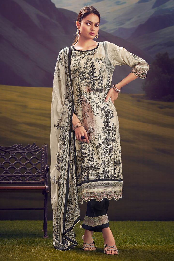 Pure Muslin Silk Beige Digital Print Stylish Salwar Kameez