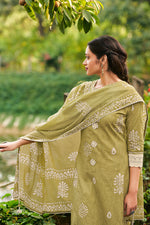 Load image into Gallery viewer, Olive Pure Cotton Embroidery Hand Block Print Straight Cut Dress
