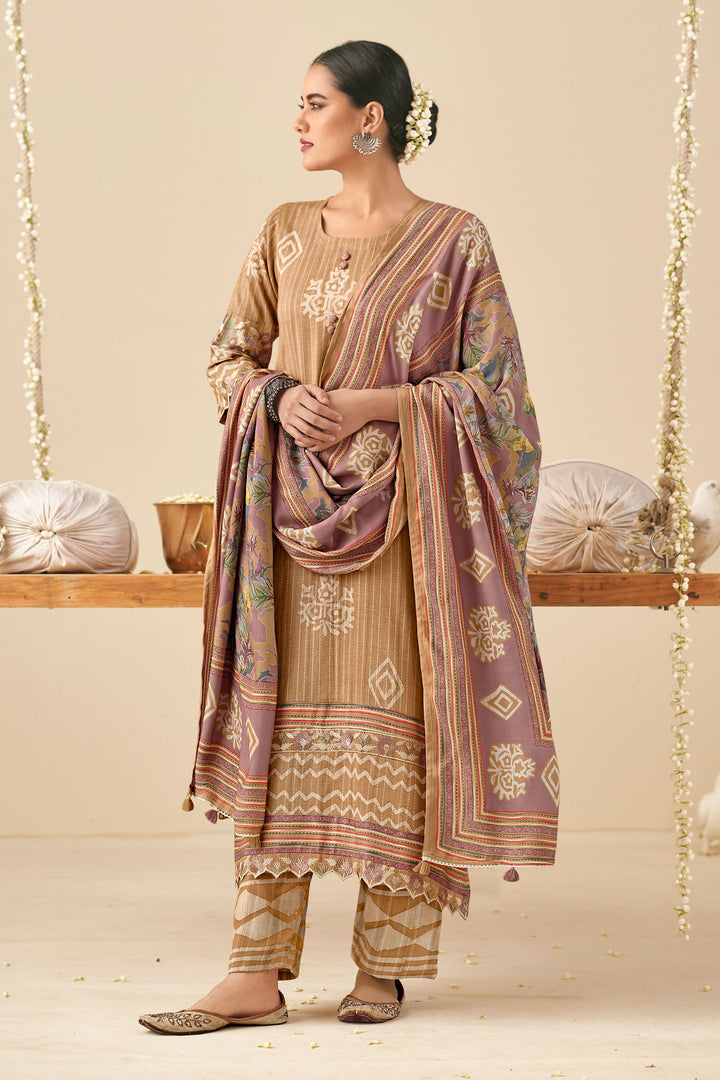 Brown Color Pure Pashmina Slub Hand Batik Print Salwar Kameez