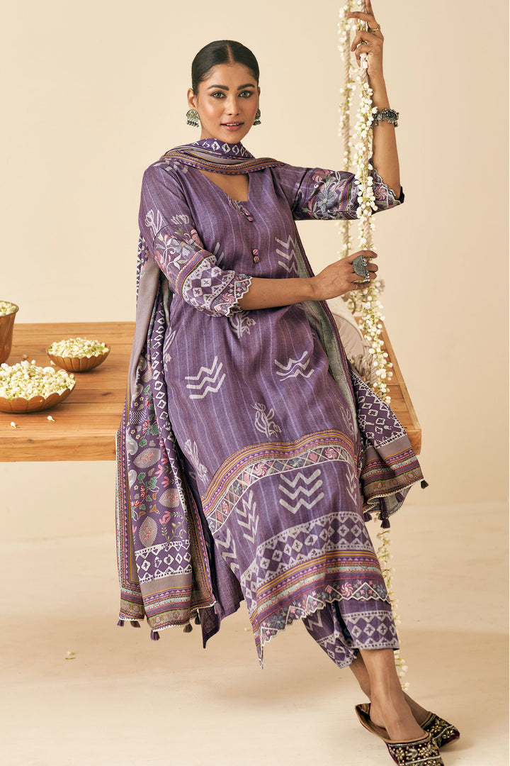 Pure Pashmina Slub Hand Batik Print Suit In Purple Color