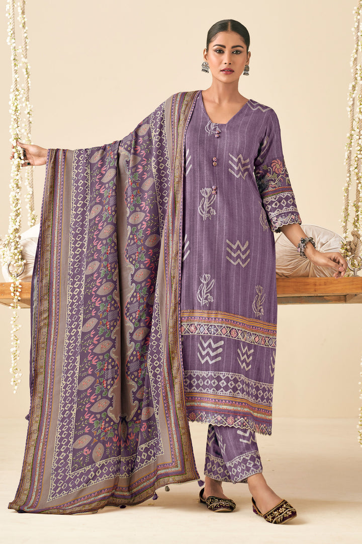 Pure Pashmina Slub Hand Batik Print Suit In Purple Color