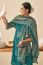 Load image into Gallery viewer, Pure Pashmina Slub Hand Batik Print Salwar Kameez In Teal Color
