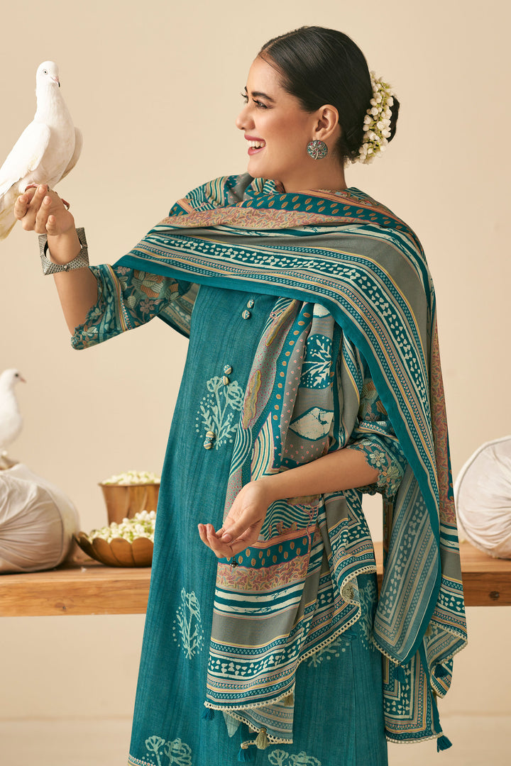 Pure Pashmina Slub Hand Batik Print Salwar Kameez In Teal Color