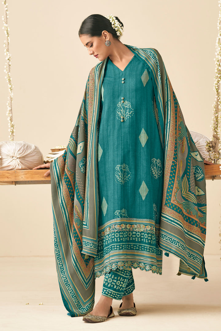 Pure Pashmina Slub Hand Batik Print Salwar Kameez In Teal Color