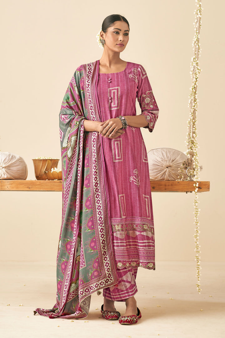 Pink Color Pure Pashmina Slub Hand Batik Print Salwar Suit