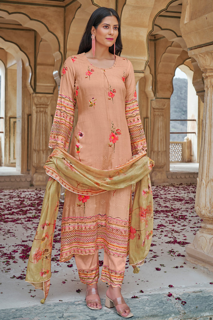 Peach Pure Moga Silk Digital Print Long Straight Cut Salwar Suit