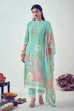 Load image into Gallery viewer, Cyan Color Pure Jari Linen Digital Print Straight Cut Salwar Kameez
