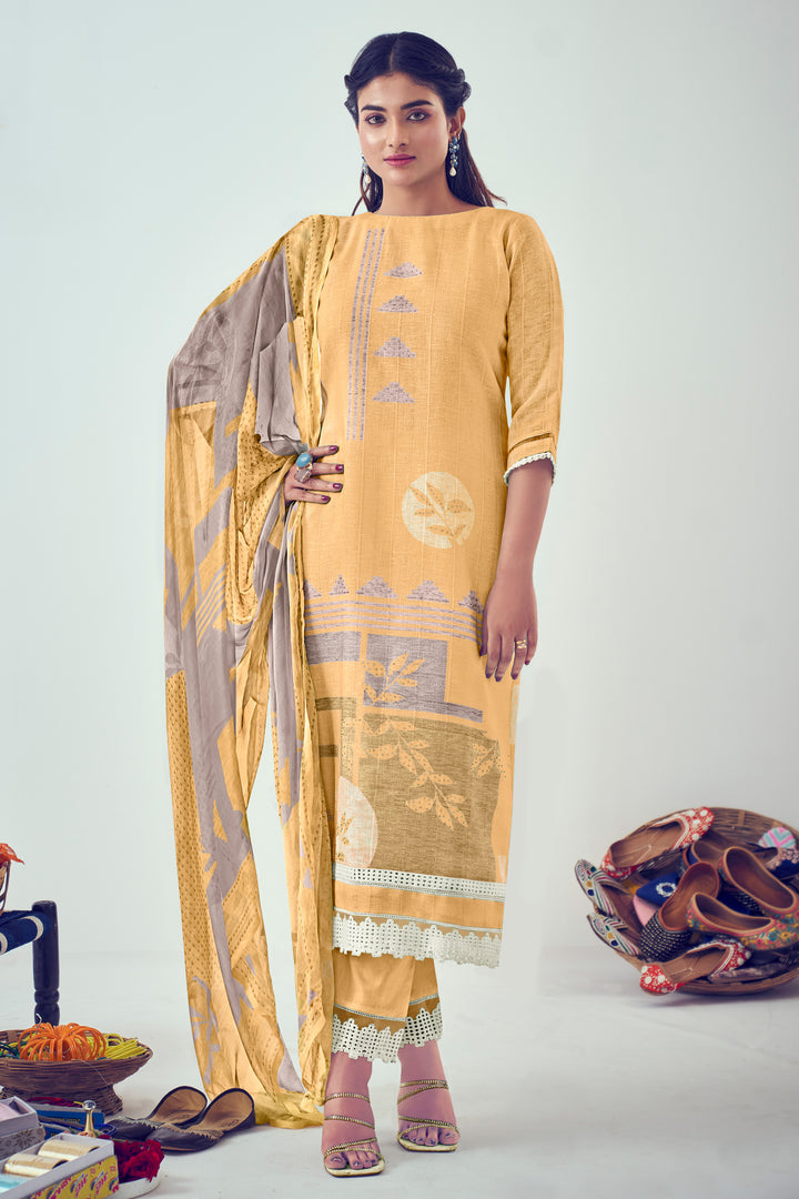 Orange Pure Jari Linen Digital Print Straight Cut Salwar Kameez