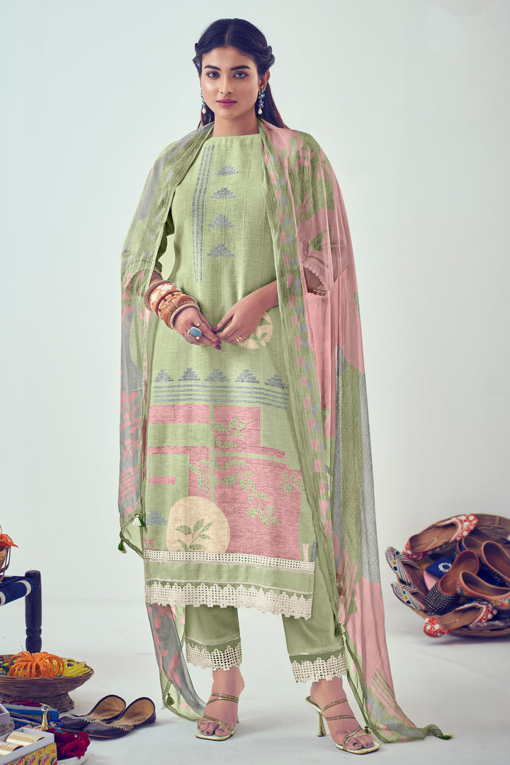 Sea Green Pure Jari Linen Digital Print Straight Cut Salwar Suit