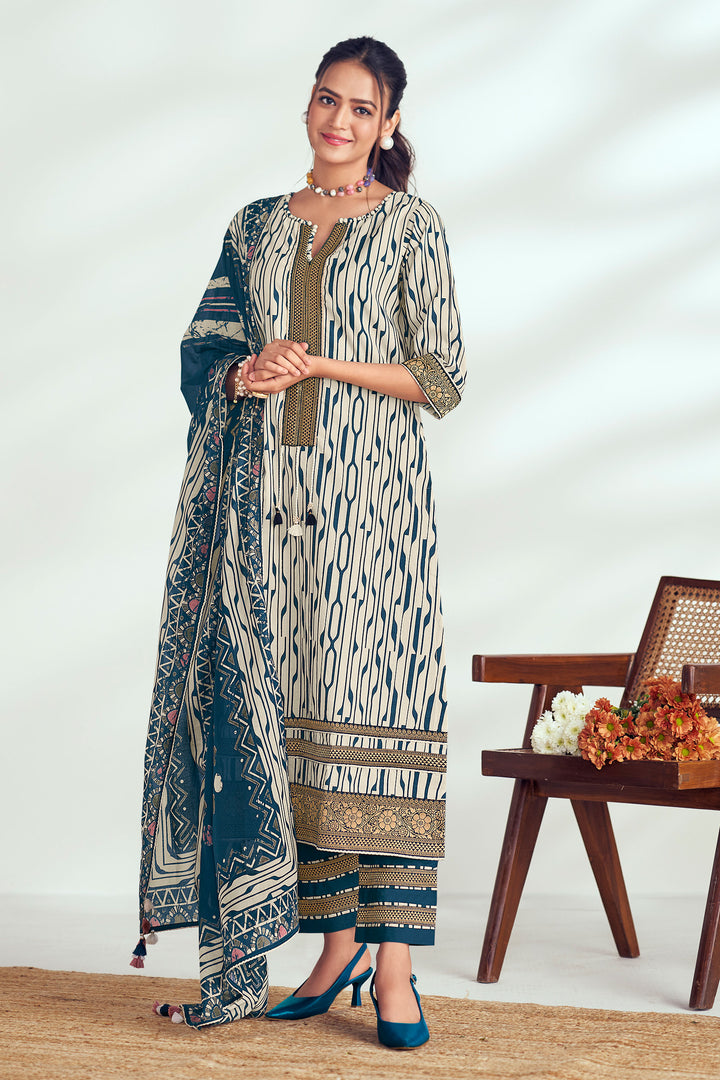 Pure Cotton Block Print Long Straight Cut Salwar Kameez In Off White Color