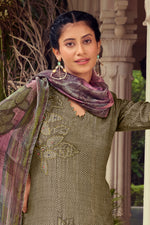 Load image into Gallery viewer, Dark Beige Pure Muslin Shimmer Digital Print Straight Cut Salwar Suit
