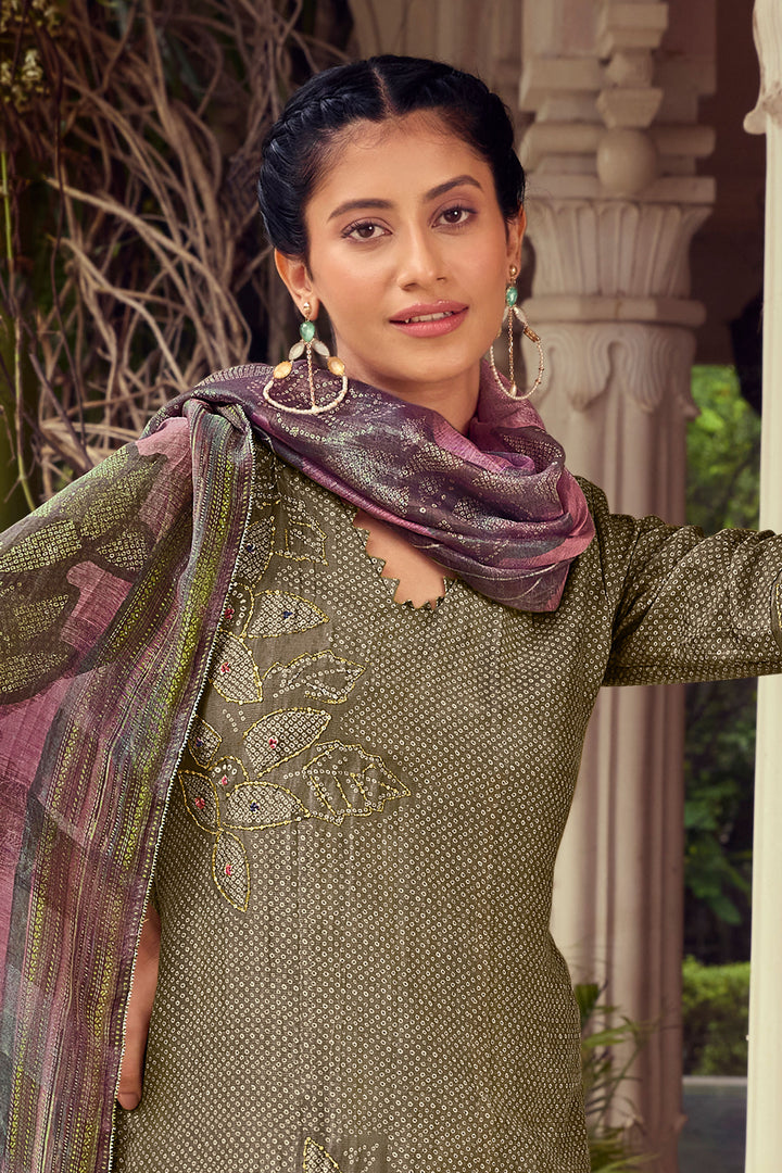 Dark Beige Pure Muslin Shimmer Digital Print Straight Cut Salwar Suit