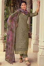 Load image into Gallery viewer, Dark Beige Pure Muslin Shimmer Digital Print Straight Cut Salwar Suit
