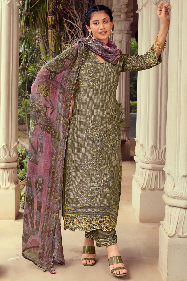 Dark Beige Pure Muslin Shimmer Digital Print Straight Cut Salwar Suit