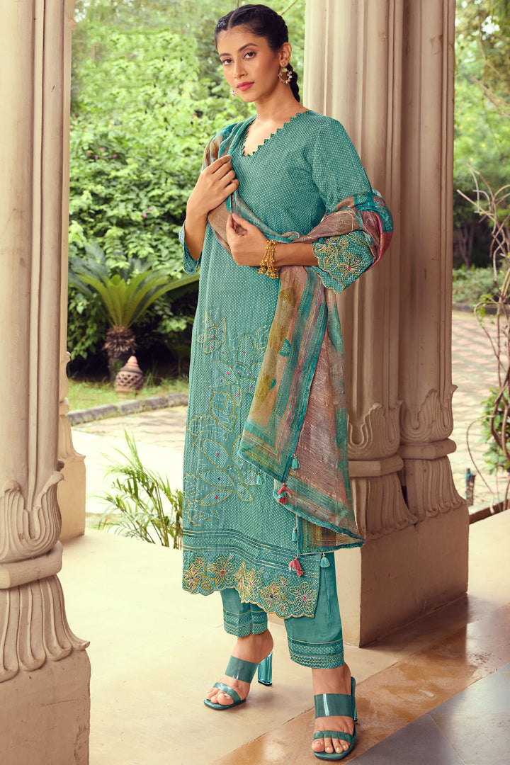 Cyan Pure Muslin Shimmer Digital Print Straight Cut Suit