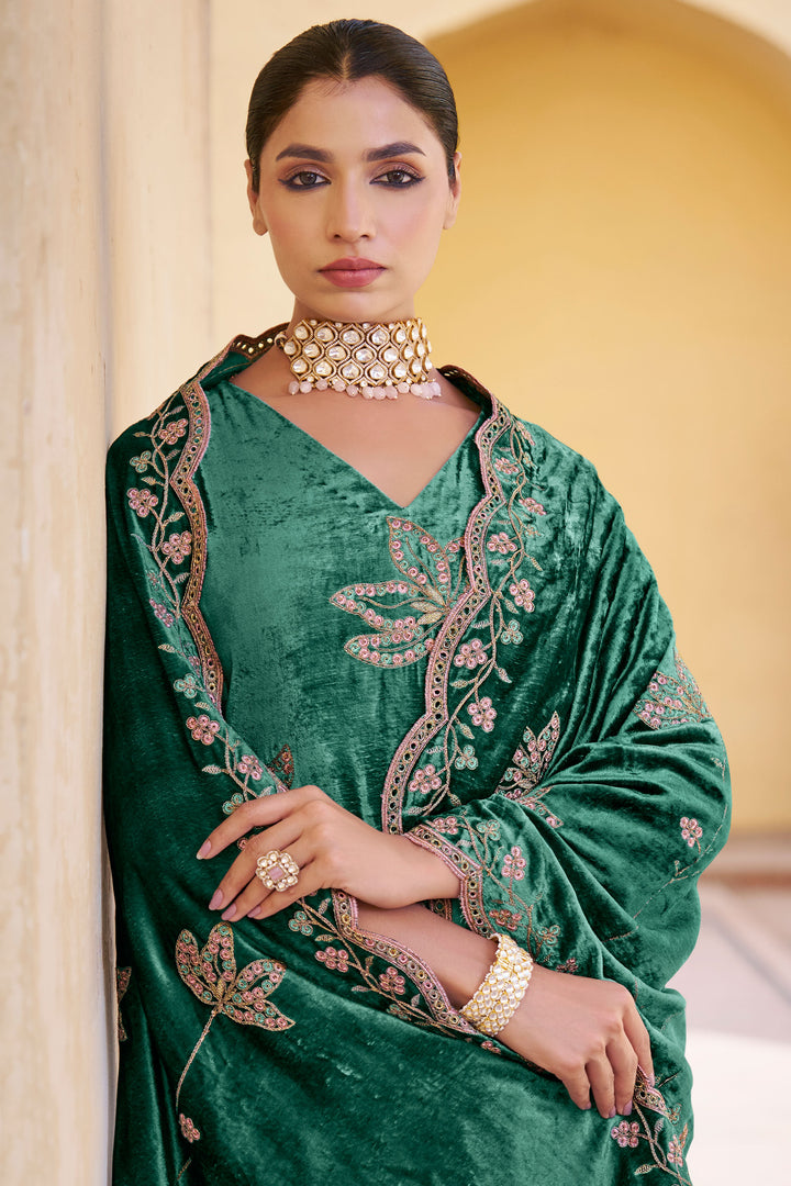 Green Color Embroidered Designer Salwar Suit In Pure Viscose Velvet Fabric