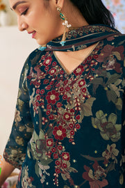 Navy Blue Pure Premium Organza Jacquard Digital Print Salwar Suit