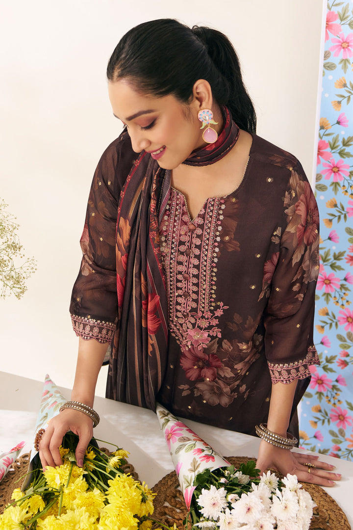 Wine Pure Premium Organza Jacquard Digital Print Dress