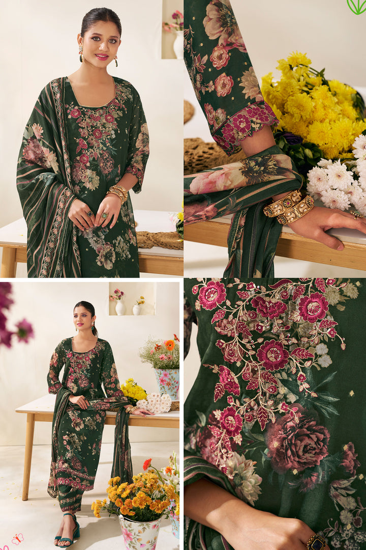 Pure Premium Organza Jacquard Digital Print Salwar Kameez In Dark Green Color
