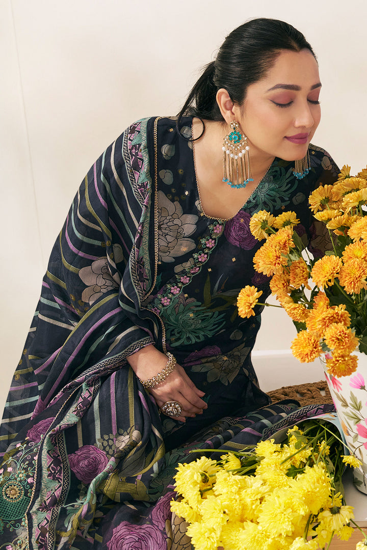 Black Organza Jacquard Digital Print Salwar Suit