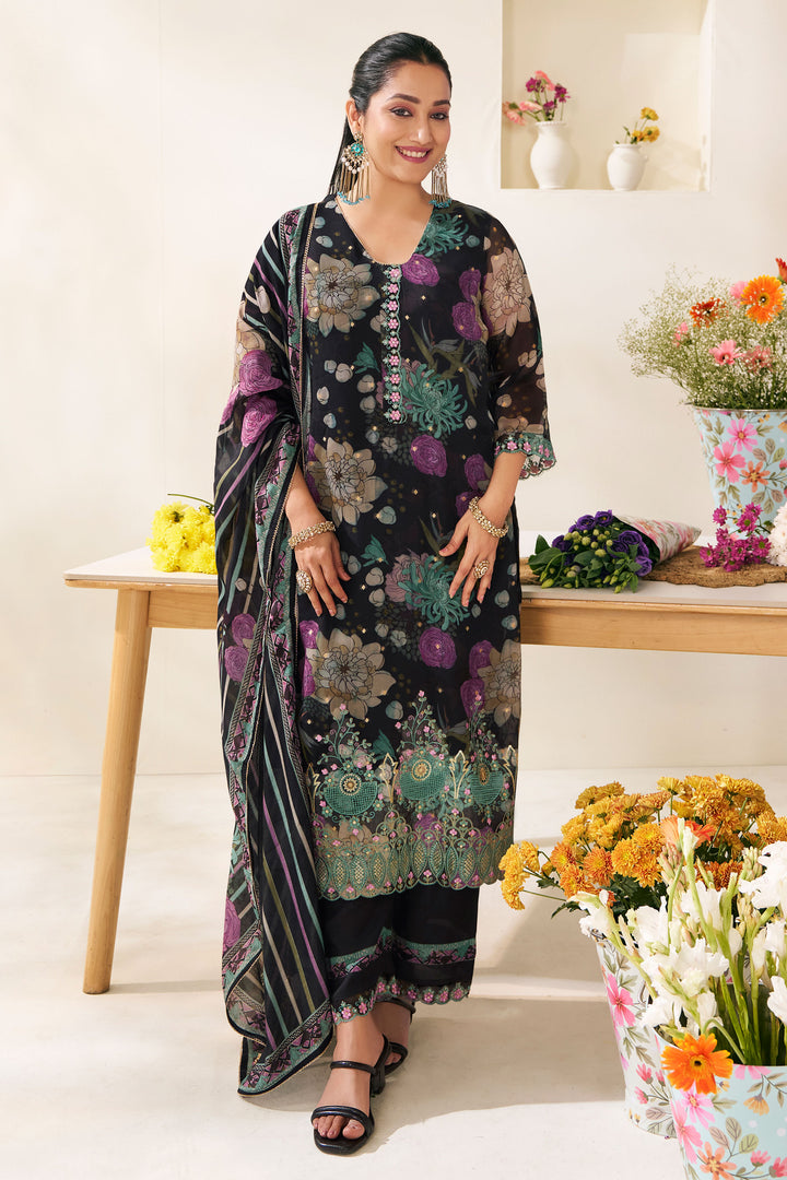 Black Organza Jacquard Digital Print Salwar Suit