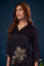 Load image into Gallery viewer, Black Pure Modal Satin Jacquard Patch Work Readymade Top With Bottom
