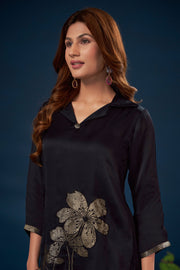 Black Pure Modal Satin Jacquard Patch Work Readymade Top With Bottom