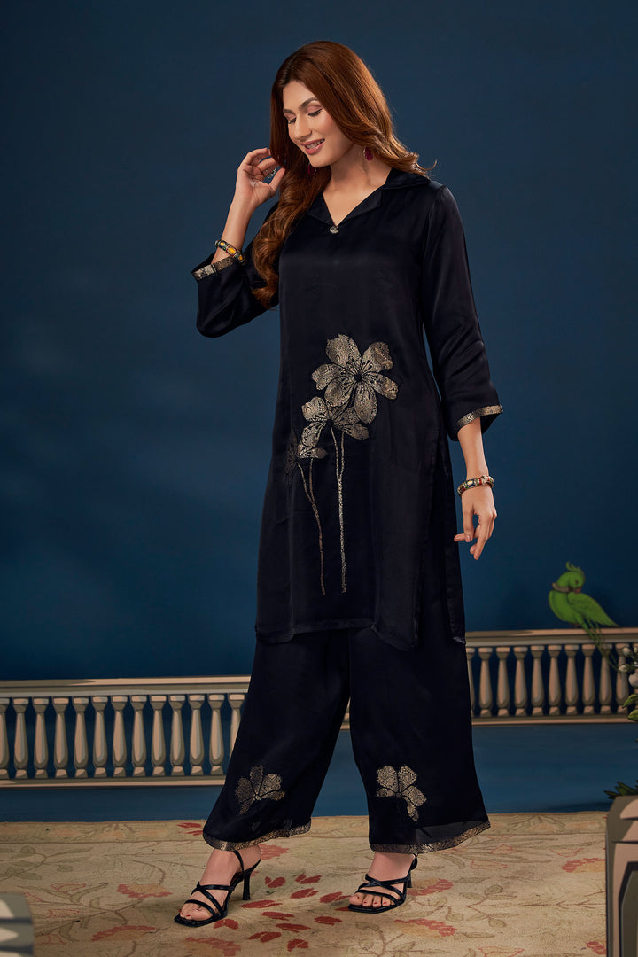 Black Pure Modal Satin Jacquard Patch Work Readymade Top With Bottom