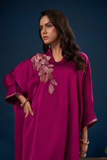 Load image into Gallery viewer, Magenta Satin Jacquard Patch Work Readymade Top With Bottom
