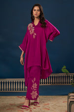 Load image into Gallery viewer, Magenta Satin Jacquard Patch Work Readymade Top With Bottom
