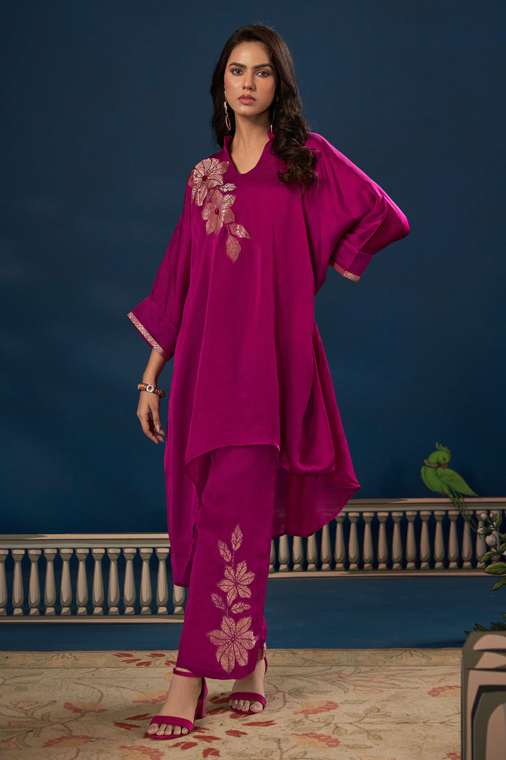 Magenta Satin Jacquard Patch Work Readymade Top With Bottom