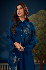 Load image into Gallery viewer, Teal Satin Jacquard Patch Work Readymade Top With Bottom
