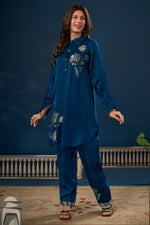 Load image into Gallery viewer, Teal Satin Jacquard Patch Work Readymade Top With Bottom
