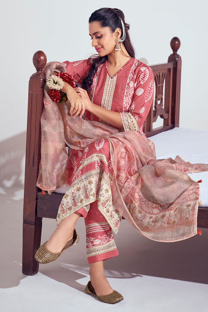 Pure Moga Silk Embroidery And Batik Print Long Straight Cut Salwar Kameez