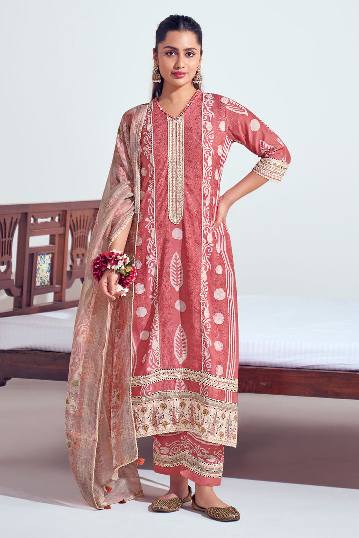 Pure Moga Silk Embroidery And Batik Print Long Straight Cut Salwar Kameez