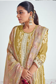Light Brown Pure Moga Silk Embroidery And Batik Print Long Straight Cut Salwar Suit