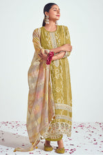 Load image into Gallery viewer, Light Brown Pure Moga Silk Embroidery And Batik Print Long Straight Cut Salwar Suit
