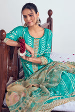 Load image into Gallery viewer, Cyan Pure Moga Silk Embroidery And Batik Print Long Straight Cut Suit

