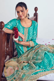 Cyan Pure Moga Silk Embroidery And Batik Print Long Straight Cut Suit
