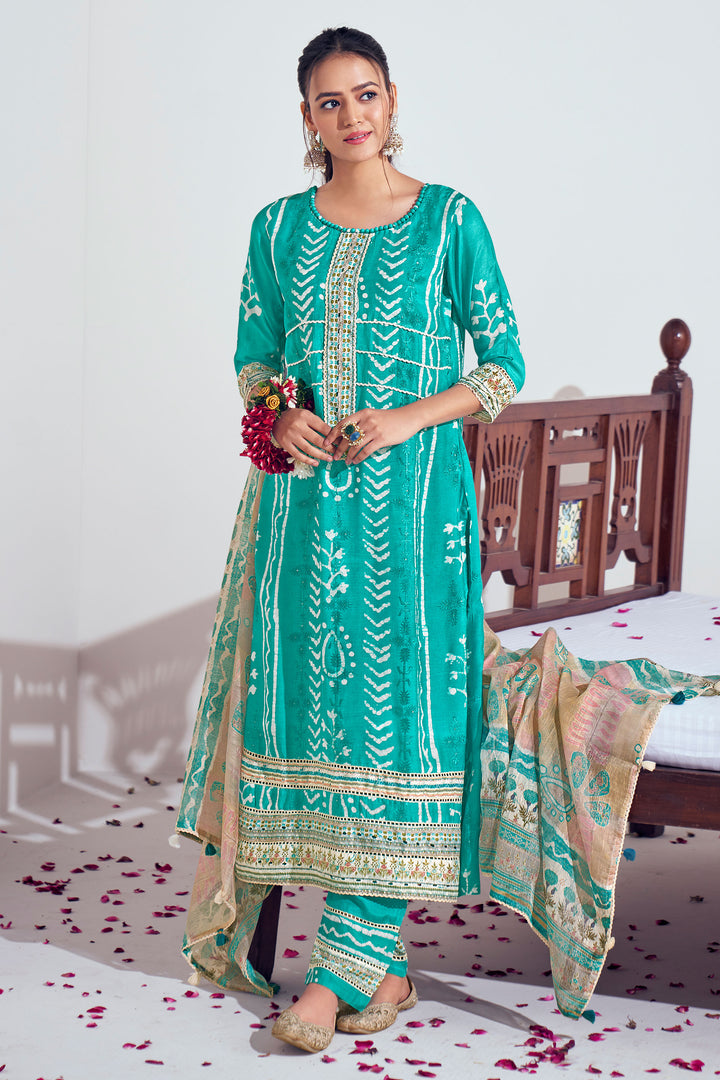 Cyan Pure Moga Silk Embroidery And Batik Print Long Straight Cut Suit