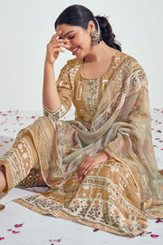 Beige Pure Moga Silk Embroidery And Batik Print Long Straight Cut Dress