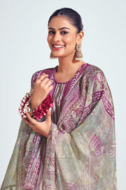 Pure Moga Silk Embroidery And Batik Print Long Straight Cut Salwar Kameez In Purple Color