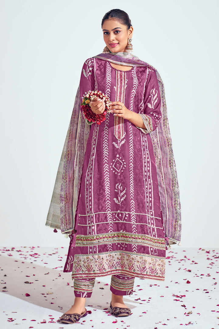 Pure Moga Silk Embroidery And Batik Print Long Straight Cut Salwar Kameez In Purple Color