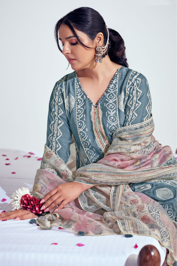 Pure Moga Silk Grey Embroidery And Batik Print Long Straight Cut Salwar Suit