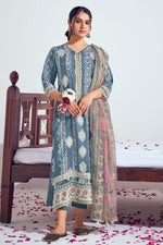 Load image into Gallery viewer, Pure Moga Silk Grey Embroidery And Batik Print Long Straight Cut Salwar Suit
