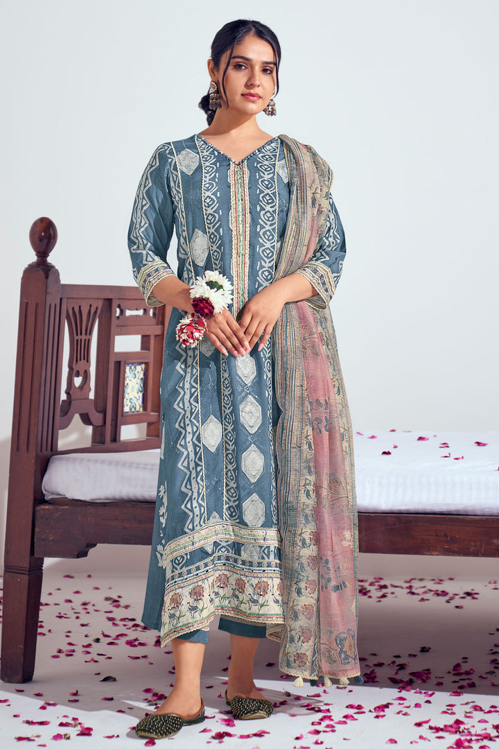 Pure Moga Silk Grey Embroidery And Batik Print Long Straight Cut Salwar Suit